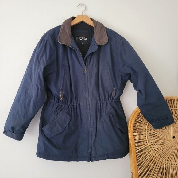 London Fog Navy Blue Coat Corduroy Collar Fleece Medium - Picture 1 of 11